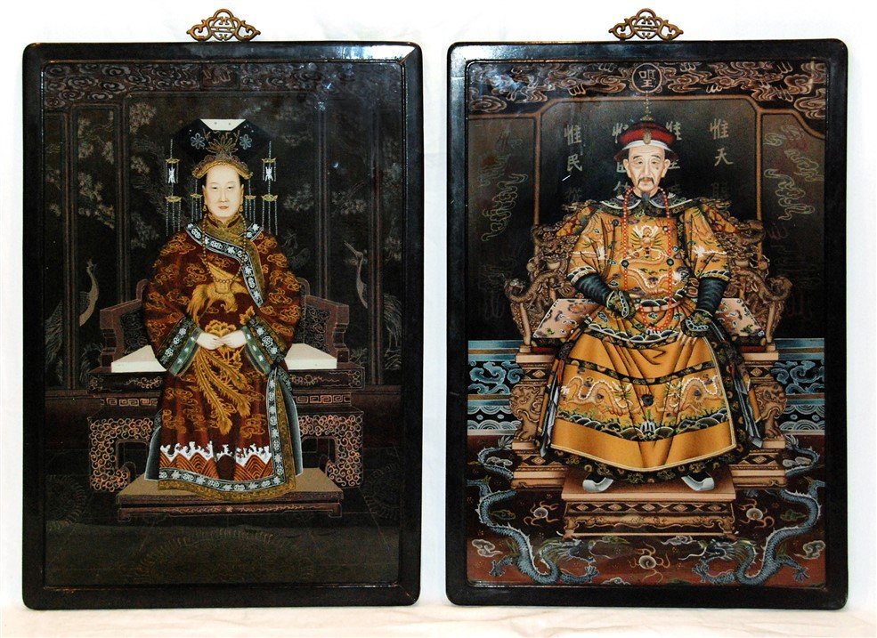 PAIR OF PAINTINGS ON GLASS: This lot is a pair of paintings depicting the highest powers in China back in Qing Dynasty. The first is the emperor, second is the empress. Both are dressed in formal attires and sitting solemnly. In