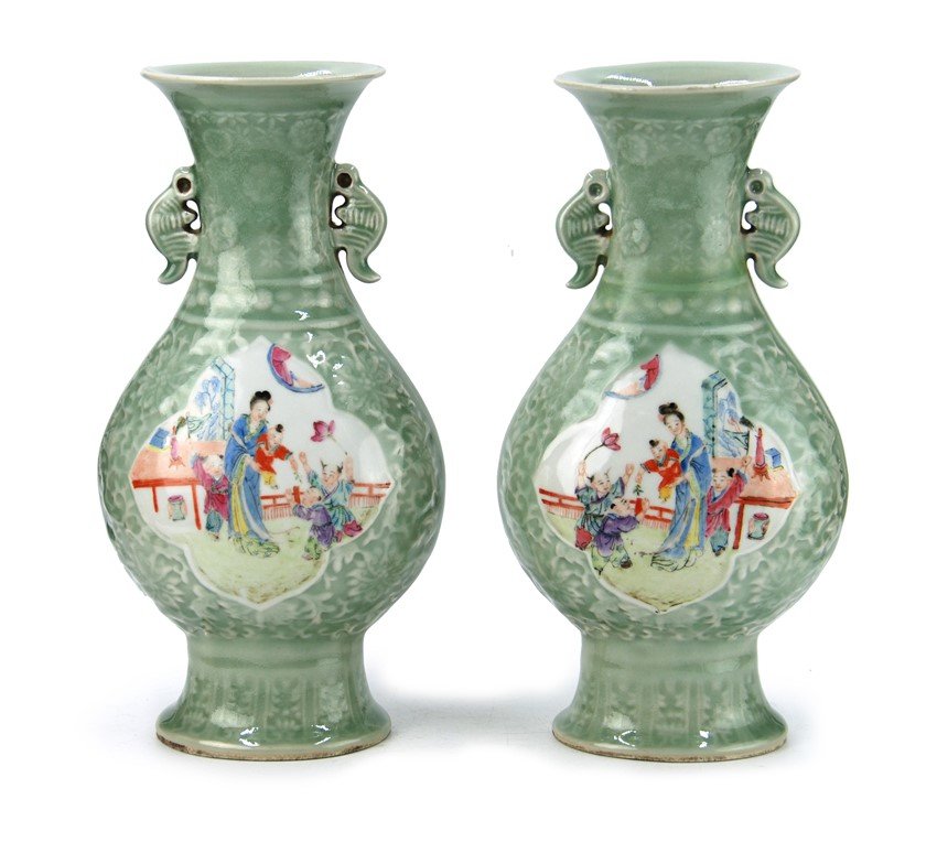 PAIR OF CELADON QING DYNASTY VASES (1 of 5)