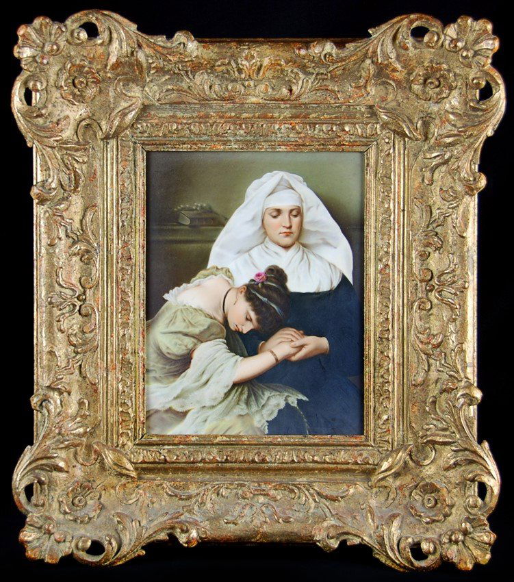 FRAMED PAINTED PORCELAIN (NUN AND LADY): A Painted porcelain plaque in Giltwood frame