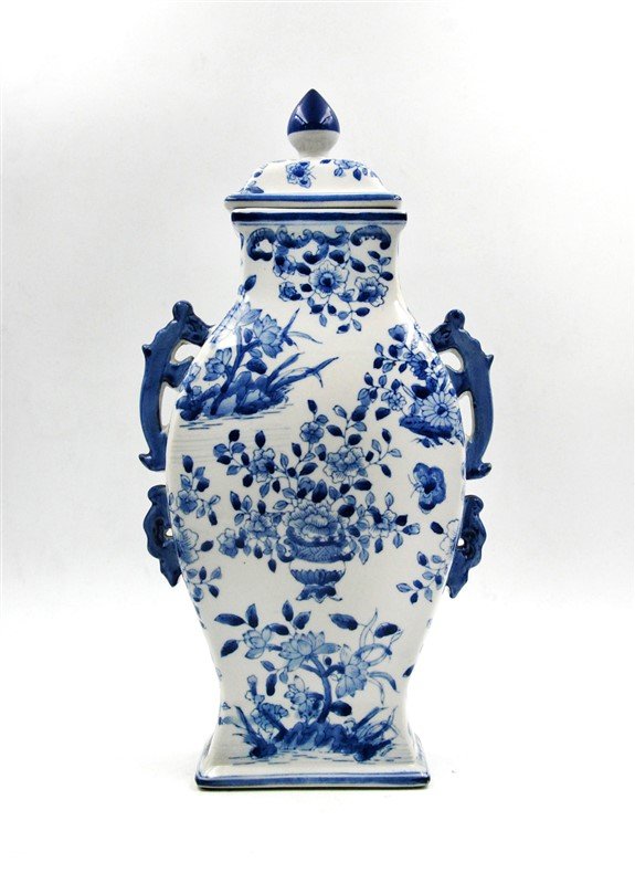 BLUE AND WHITE HANDLED FLOWERS VASE (1 of 3)