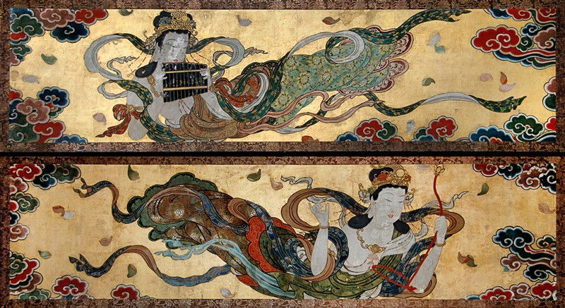 PAIR OF GILT FLYING ASPARASA PAINTINGS (1 of 4)