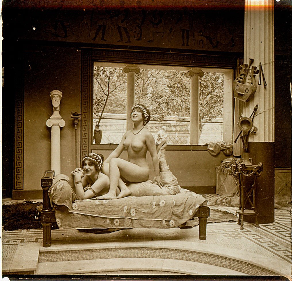 1 slide, Jules Richard French Nudes #111449: French nudes from L 'Atrium series Item: 45 x 107mm glass stereo slide Photographer: Jules Richard or assistant Location: Paris, France Estimated Vintage: 1908-1910 Number or Markings: 111449