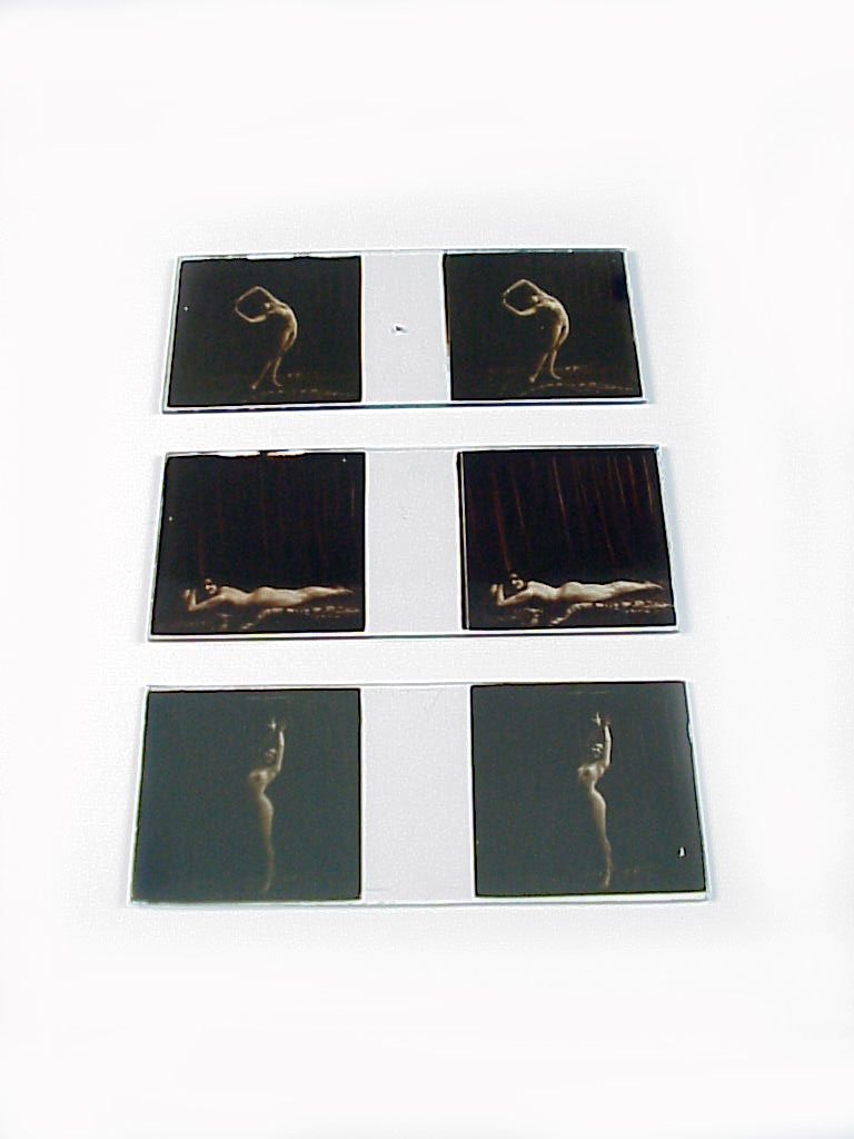 3 slides, Jules Richard French Nude: Lot of 3 slides, French nude possibly from Chantemerle series Item: 45 x 107mm glass stereo slides Photographer: Jules Richard or assistant Location: Paris, France Estimated Vintage: early 1900s Numbe