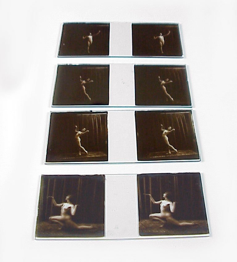 4 slides, Jules Richard French Nude: Lot of 4 slides, French nude possibly from Chantemerle series Item: 45 x 107mm glass stereo slides Photographer: Jules Richard or assistant Location: Paris, France Estimated Vintage: early 1900s Numbe