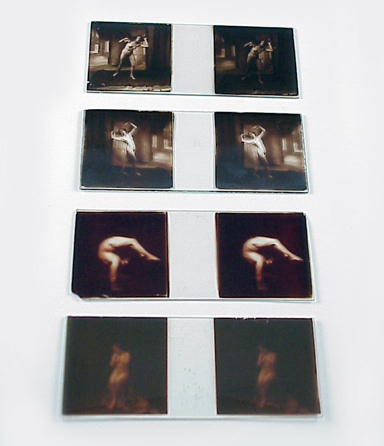 4 slides, Jules Richard French Nudes: Lot of 4 slides, French nudes possibly from Chantemerle series Item: 45 x 107mm glass stereo slides Photographer: Jules Richard or assistant Location: Paris, France Estimated Vintage: early 1900s Numb
