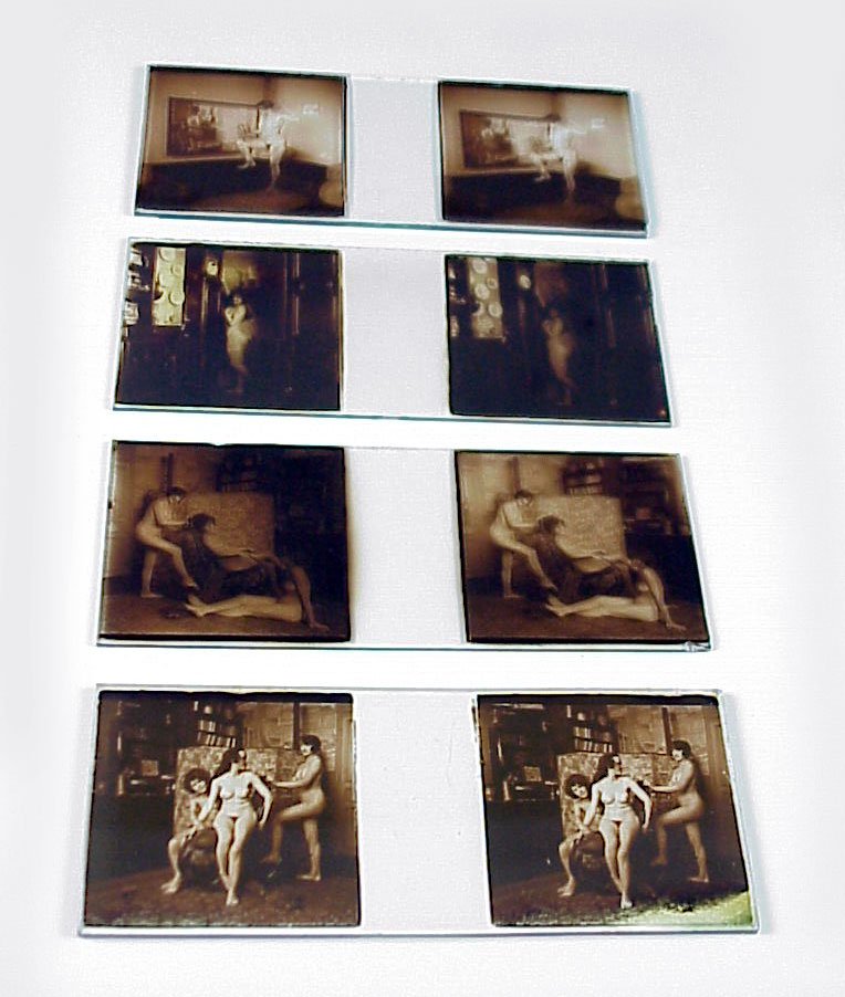 4 slides, Jules Richard French Nudes: Lot of 4 slides, French nudes possibly from Chantemerle series Item: 45 x 107mm glass stereo slides Photographer: Jules Richard or assistant Location: Paris, France Estimated Vintage: early 1900s Numb