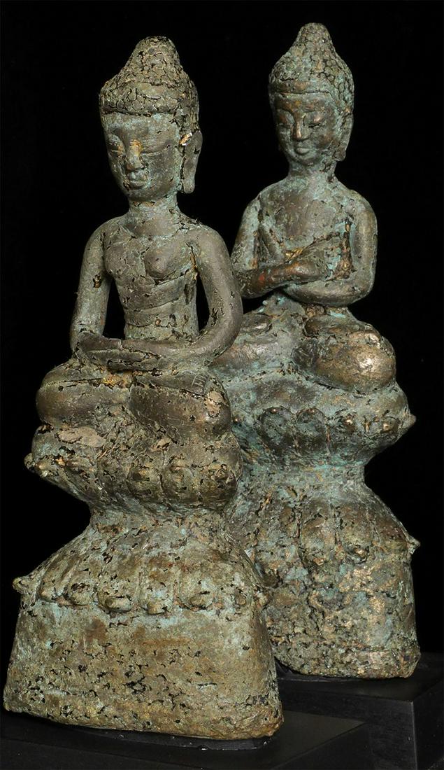 These 2 brothers are very early Burmese, in an early: These 2 brothers are very early Burmese, in an early Mon style. Note the extremely unusual Mudra of one of them (hands under the armpits). They have remains of early lacquer and gilding. Extremely rar