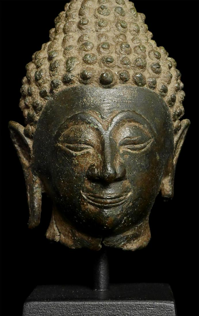 16th/17thC Thai/Laos Bronze Buddha head. Sits 3.5" tall (1 of 7)