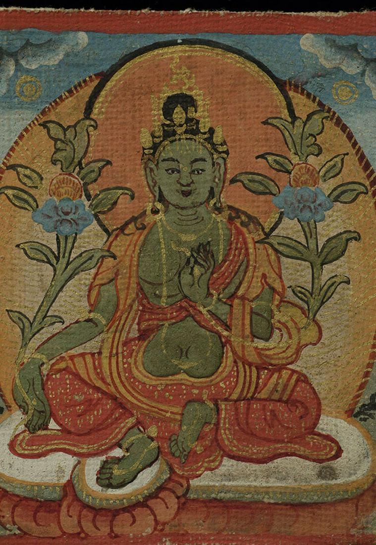 Old small Mongolian Thangka. Measures 2 3/8 x 2 inches.: Old small Mongolian Thangka. Measures 2 3/8 x 2 inches.