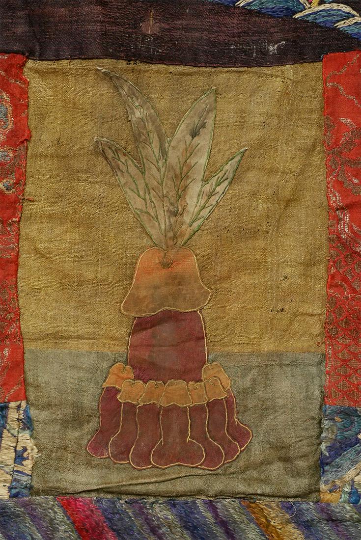 Very rare and antique cloth Mongolian.: Very rare and antique cloth Mongolian applique of a big penis supported by 7 small penises with feathers flowing out of the tip of the big penis. Very much a tantric piece that would have been used to