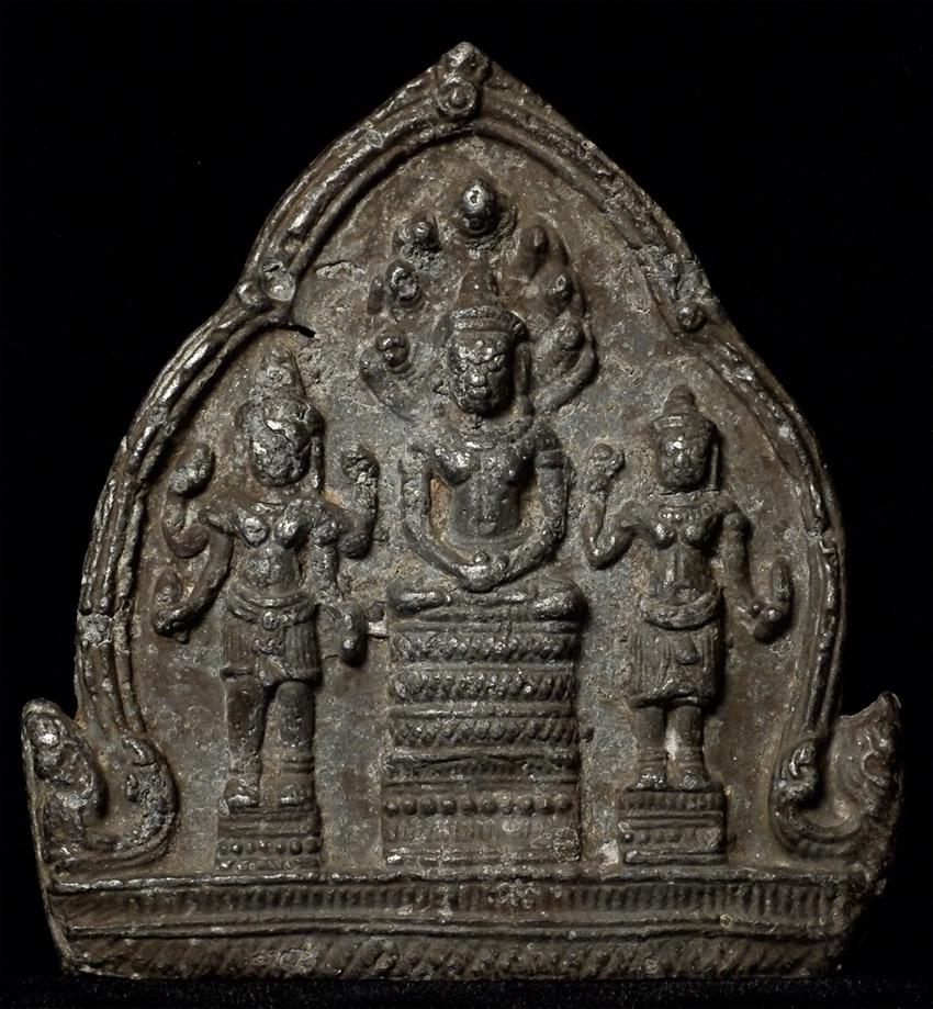 Cambodian bronze plaque or amulet Naga Buddha trilogy (1 of 7)