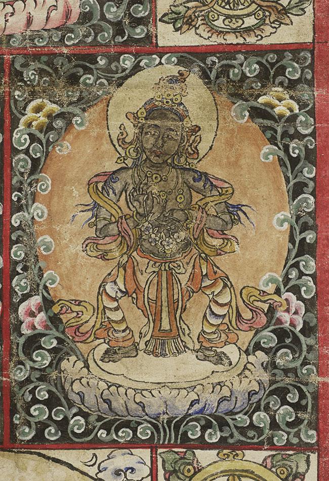 Uncommon Antique Mongolian Thangka.: Uncommon Antique Mongolian Thangka. Nicely painted, with cloth strips attached to the bottom. I've not seen another like it. Painted fabric is 20.5" x 11.5" (includes pleat on the bottom)