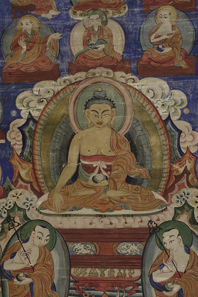 Antique Mongolian or Tibetan Thangka.: Antique Mongolian or Tibetan Thangka. Outer dimension of cloth frame are approximately 15.5 x 24 inches, dimensions of painting are 8 x 11.75 inches