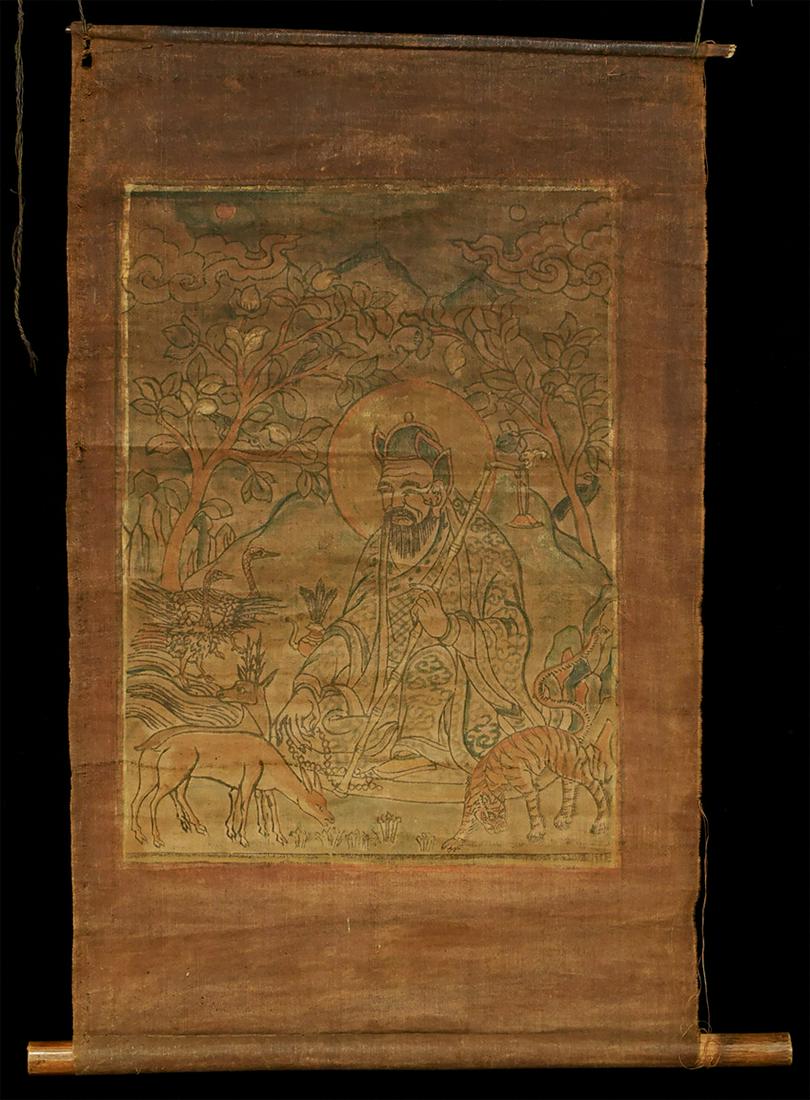 19thC  Mongolian hand colored wood block-original cloth frame-delicate (1 of 6)