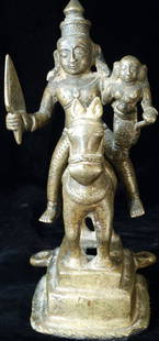 18/19thC bronze Hindu Deity with consort on Horse: Very good 18/19thC bronze Hindu Deity with consort on horse. The deity originally sat on a different horse, and the post on the horse was slightly modified to accept this rider he fits OK, though not