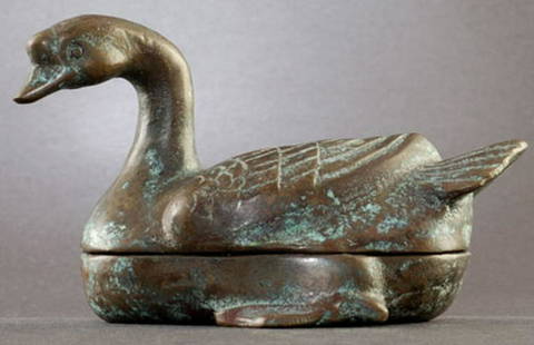 Early Korea. Bronze Swan form box: Early Korea. -appears quite old-18thC or (much) earlier. Measures 3.5" tall.
