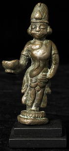 Solid cast bronze wearing Burmese palace wear clothes,: Solid cast bronze wearing Burmese palace wear clothes, probably a king or a prince with offering bowl. Looks to be pre pagan Mon piece over 1,000 years old. A personal favorite. Stands 3.25 inches