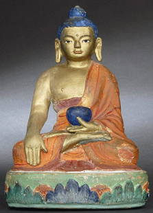 19thC Mongolian Buddha sculpted out of paper mache: Fantastic Mongolian Buddha sculpted out of paper mache and then polychromed. Remarkable condition- almost certainly has spent its life in a Gau box. 6 inches tall.