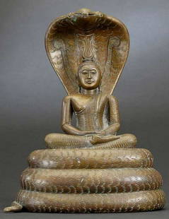 Antique Sri Lanka Naga Buddha- from an old family collection: A beautiful old Lankan Naga Buddha- from an old family collection. Well cast, sculpted, and finished. 7.75 inches tall.