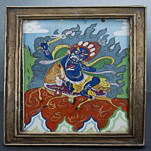 Small Old Thangka in Antique Copper Gau Box. , 5-1/2 Inches Tall: DEITY,19thC Mongolia, Small Old Thangka in Antique Copper Gau Box. , 5-1/2 Inches Tall