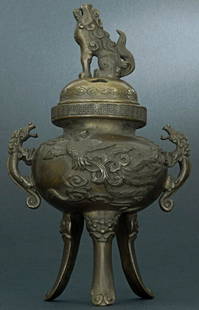 19th Century Chinese, Bronze INCENSE BURNER- heavy: INCENSE BURNER, 19th Century China, Bronze, with Fu Lion/Dog. 8 Inches Tall