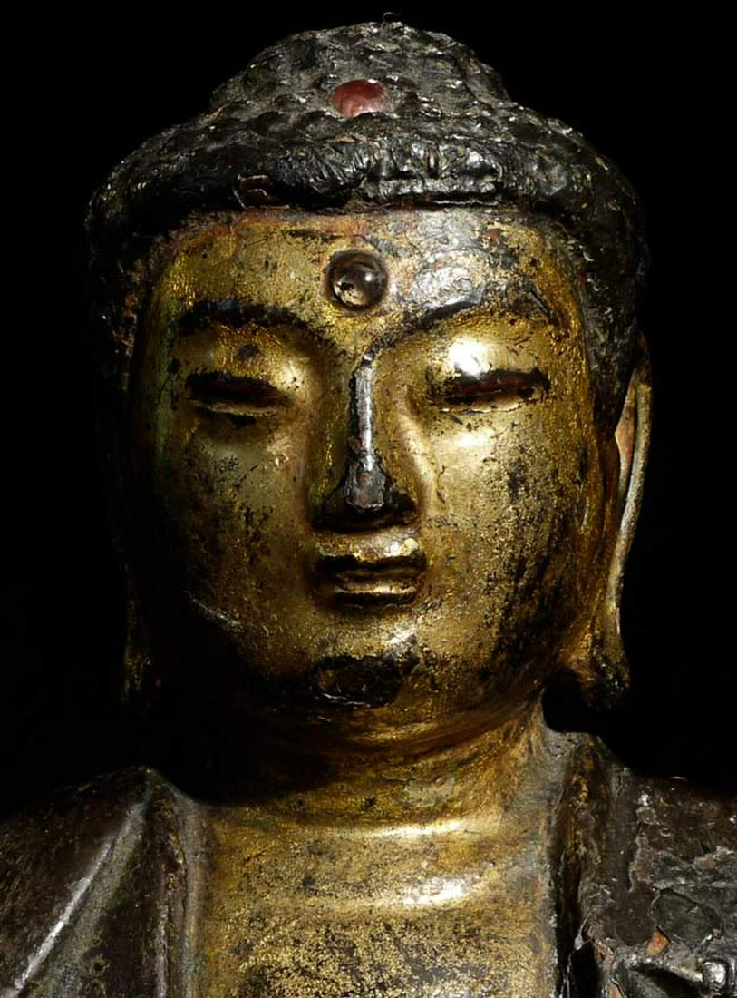 Japan Wood Edo Buddha upon lotus base.: Edo Buddha upon lotus base. There would have originally been another part to the base between the current base and the Buddha, so that he would have been more elevated. Missing hands. Generally a nice