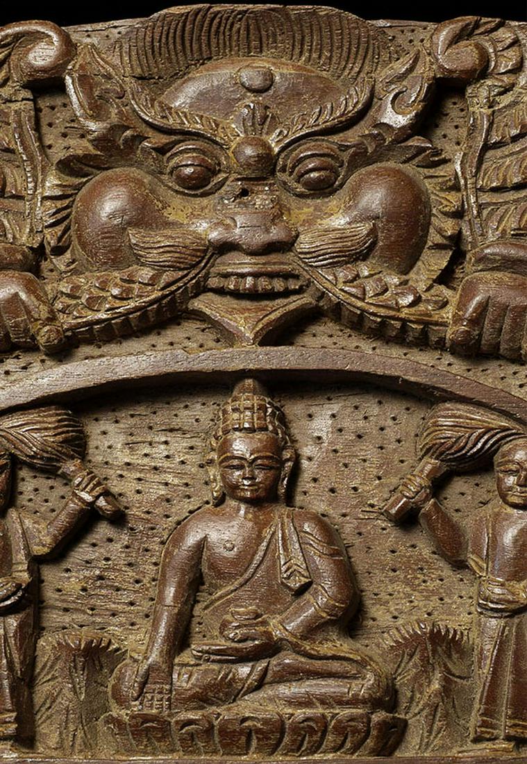 Very decorative vintage Tibetan or Nepalese scene of: Very decorative vintage Tibetan or Nepalese scene of the Buddha with attendants. 8.25" tall, 25.25" wide. Nicely carved.