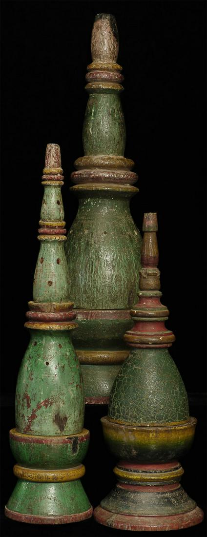 Set of three old/antique incense burner/candleholder: Set of three old/antique incense burner/candleholder spires. Probably from a temple. Tallest is 16.25" tall.