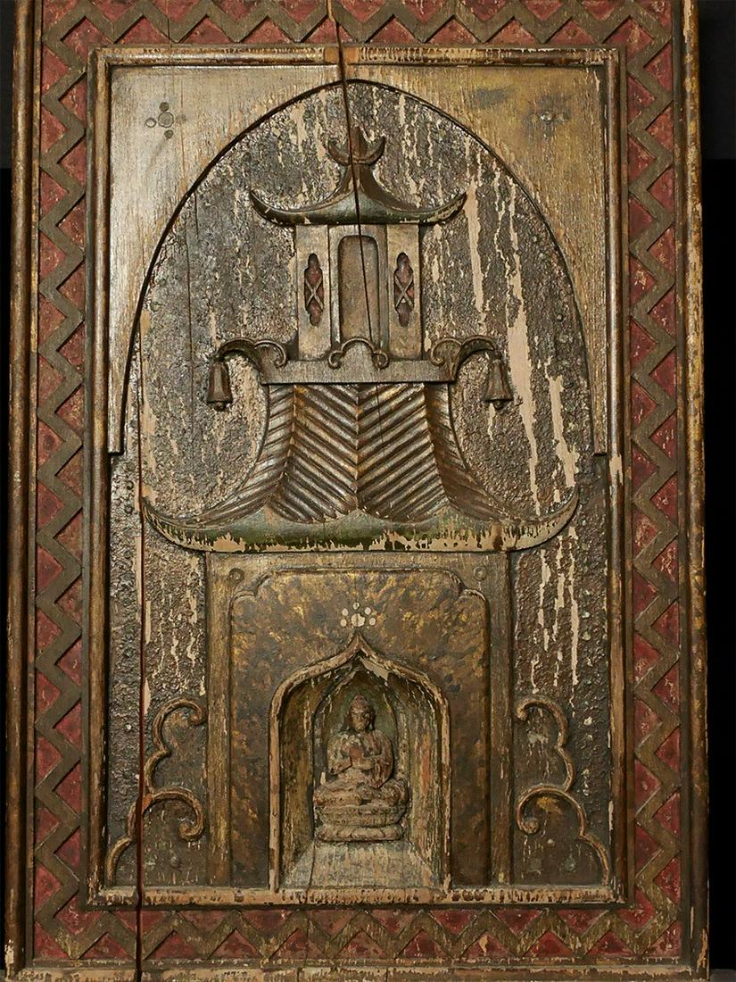 Antique Wood Carved Buddhist Temple as hanging panel.: Wood Carved Buddhist Temple as hanging wall panel, approximately 34" x 26", Probably Tibet or Northern China. Unusual piece. Splits and wear as seen in photos