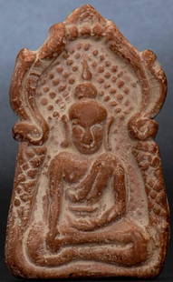 18thC/Earlier Thai Buddha Image in Terracotta Plaque/Amulet-Great Face!: Very good antique Thai or Burmese Buddha image in terracotta. Sits 3.25 inches tall.