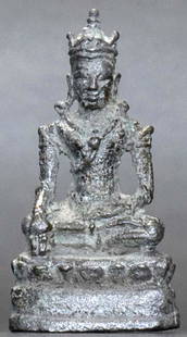 16-18thC Thai bronze Buddha. 1.5 Inches tall. authentic miniature Ayuthaya in Royal Attire: 16-18thC Thai bronze Buddha. Measures 1.5 inches tall.