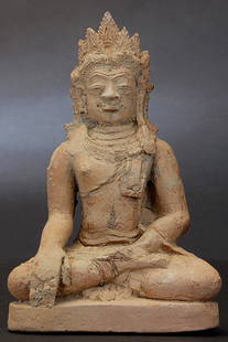 13thC Thai Haripunchai Buddha Figure, Terracotta, AUTHENTIC- RARE: 13thC Thai Buddha, Terracotta, 4-7/8 in. tall. Haripunchai type related to Khmer Empire. Rare to find a complete small Buddha in such good condition- usually you find fragments or heads with damage.