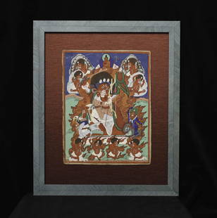 Antique Mongolian Thangka-Fierce Protective Deity, Excellent Quality! Finely Framed: THANGKA Antique Mongolia Canvas, 9 x 11 inches (image only)-Protective Deities-expensively FRAMED-Museum glass, silk mat. Quality piece!