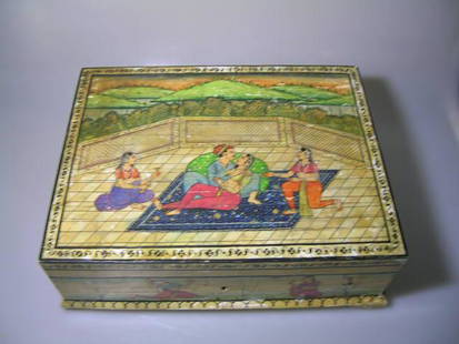 India 19thC finely painted box . Indian Miniature Paintings on bone over heavy wood-rare beauty: Beautiful 19thC finely painted box. It is made of wood and carefully covered with Bone, and painted on all sides and top- it is like getting 5 Indian miniatures in one package. Outstanding condition-