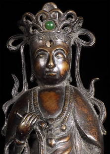 18/19thC or earlier Korean Bronze Quan yin- Strikingly Beautiful and Elegant: 18/19th or earlier Korean bronze Buddha with elaborate headdress, robes, and ribbons. One large piece of jade(?) in the crown and a place for another in the forehead. Really different (and appealing)