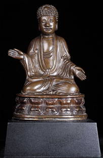 Finely cast, sculpted and finished early bronze Korean: Finely cast, sculpted and finished early bronze Korean Buddha. The lotus petals, arm style, head and face shape, robes style, etc., speak to this being an early finely cast 13-15thC Buddha with an exq