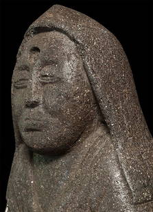 17/18thC Korean Stone SCulpture of a Buddhist Monk.: 17/18thC Stone Korean Buddhist monk in powerfully deep concentration. The surface glistens with gold specks. This piece measures 11 and 7/18" tall when mounted on its museum-style base. Heavy, and lar