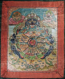 Decorative Tibetan Thangka--well done in a traditional fashion. The inner image (from the outside of: Decorative Tibetan Thangka--well done in a traditional fashion. The inner image (from the outside of the red border) measures 17.5 inches x 21 inches. The total thangka measures 36 inches long x 22.5