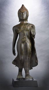 13/14thC Sukothai Walking Buddha- Large, early, museum-worthy- special-Start Lowered: Best of my collection, this is an early (13th/early 14th C) Sukhothai Walking Buddha with rounded body with defined buttocks, short, thick well-formed limbs leading to elegant yet broad hands, and wid