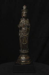 Large 19thC Korean Standing Buddha/Bodhisattva of Compassion.: Large 19thC Korean Standing Buddha/Bodhisattva of Compassion. Cast out of high-quality alloy. The figure shows a high amount of wear from use, with the patina suggesting it may have precious metal in