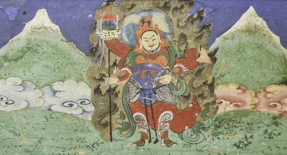 18/19thC/Earlier Tibetan Four Guardian Kings Painting from the Inside of a Buddhist Book/Bible.: 18/19thC/Earlier Tibetan Four Guardian Kings Painting from the Inside of a Buddhist Book/Bible. Expensively framed with hand-wrapped Thai silk and museum glass. Good condition, well painted.