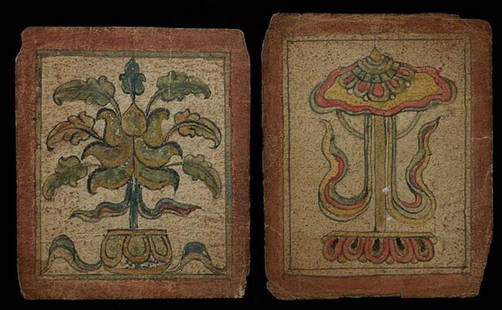 A set of 2 delightful old Mongolian folk: A set of 2 delightful old Mongolian folk drawings/paintings on paper. measuring 3 1/8" x 2 5/8"