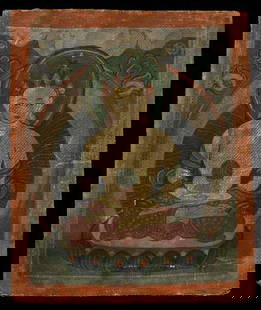 Well painted Antique Mongolian Small Thangka is 3 3/8": Well painted Antique Mongolian Small Thangka is 3 3/8" x 2 7/8". Some of the paint is metallic and did not photograph well.