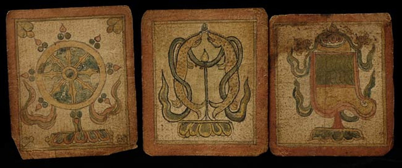 A set of 7 Antique Mongolian Auspicious Symbols.: A set of 7 Antique Mongolian Auspicious Symbols. Seizure 3.25" x 2 5/8" each.