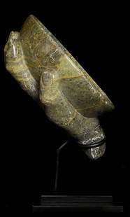 Larger than life, superbly carved Mongolian soapstone hand holding bowl.: Larger than life, superbly carved Mongolian soapstone hand holding bowl. Found "as is" in the ruins of an old monastery in Mongolia which was destroyed by the communists in late 1920's, and acquired b