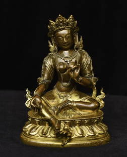 17/18thC HEAVY Tibetan Bodhisattva-Finest Semi-Gilt. Precious. Brings a smile to your face.: Very fine 17/18thC HEAVY Tibetan Bodhisattva. The soft glow of the surface and the extreme density of the statue's surface strongly suggest that there is significant gold in the alloy. Note the incred