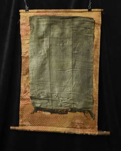 Fine Antique Mongolian applique Thangka- Rare Type: Fine Mongolian applique Thangka Made with a dozen+ different types of antique silk taken from earlier Buddhist material and assembled sometime in 20thC. Each color of silk has a different pattern and