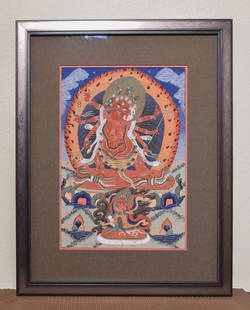 Vivid Himalayan Thangka, Very Distinctive, 20" x 25.5": Vivid antique Himalayan Thangka( back had the right look and smell of a true antique- I had the chance to examine prior to framing). Unusual, very intense style- I could not look away from the central