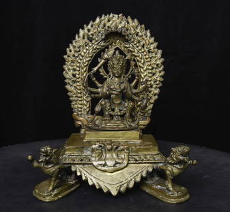 18/19thC Indian Hindu Bronze Shrine- Fierce Protective Multi-Arm Deity supported by Lions.: Indian Hindu Shrine of Fierce Protective Multi-Arm Deity on Shrine supported by Lions. - ( 7.25"H x 8"W - 4.18lbs / 1.890kg ). A fine example of its type.