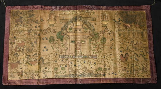 Antique Mongolian Colored Drawing on Cloth- Complex, Well Drawn and Finely Detailed: Antique Mongolian Original Drawing on Cloth. On a modern fabric backing. Measures 22.75" x 12.25". Nice example. Far rarer than comparable Thangkas. Starting price lowered significantly